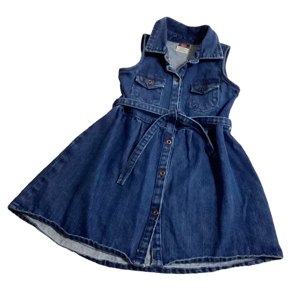 Diva Girl’s Blue Denim Sleeveless Button Up Pockets Tie Waist Dress Size 6X